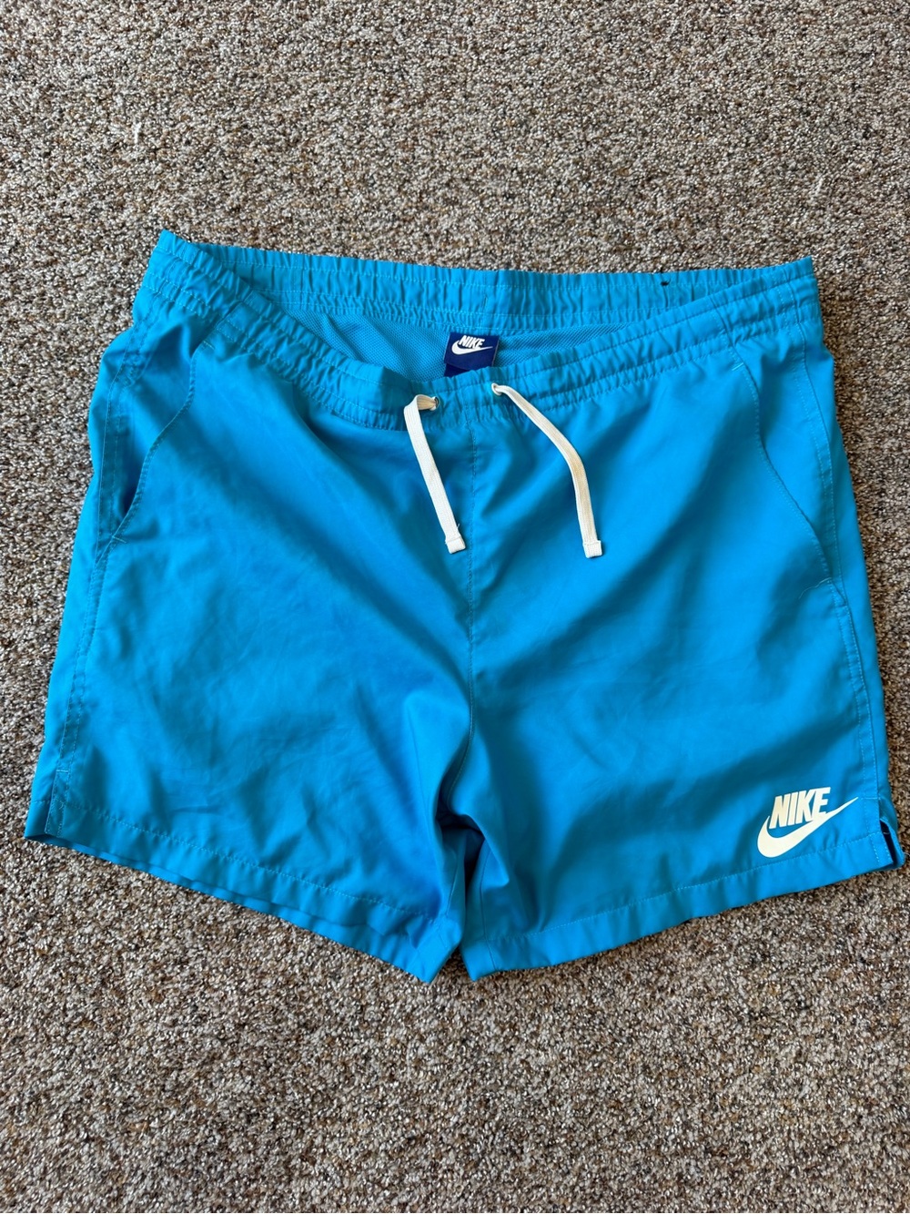 Nike Women's M Aqua Blue Woven Swim Board Shorts White Logo Drawstring Beach